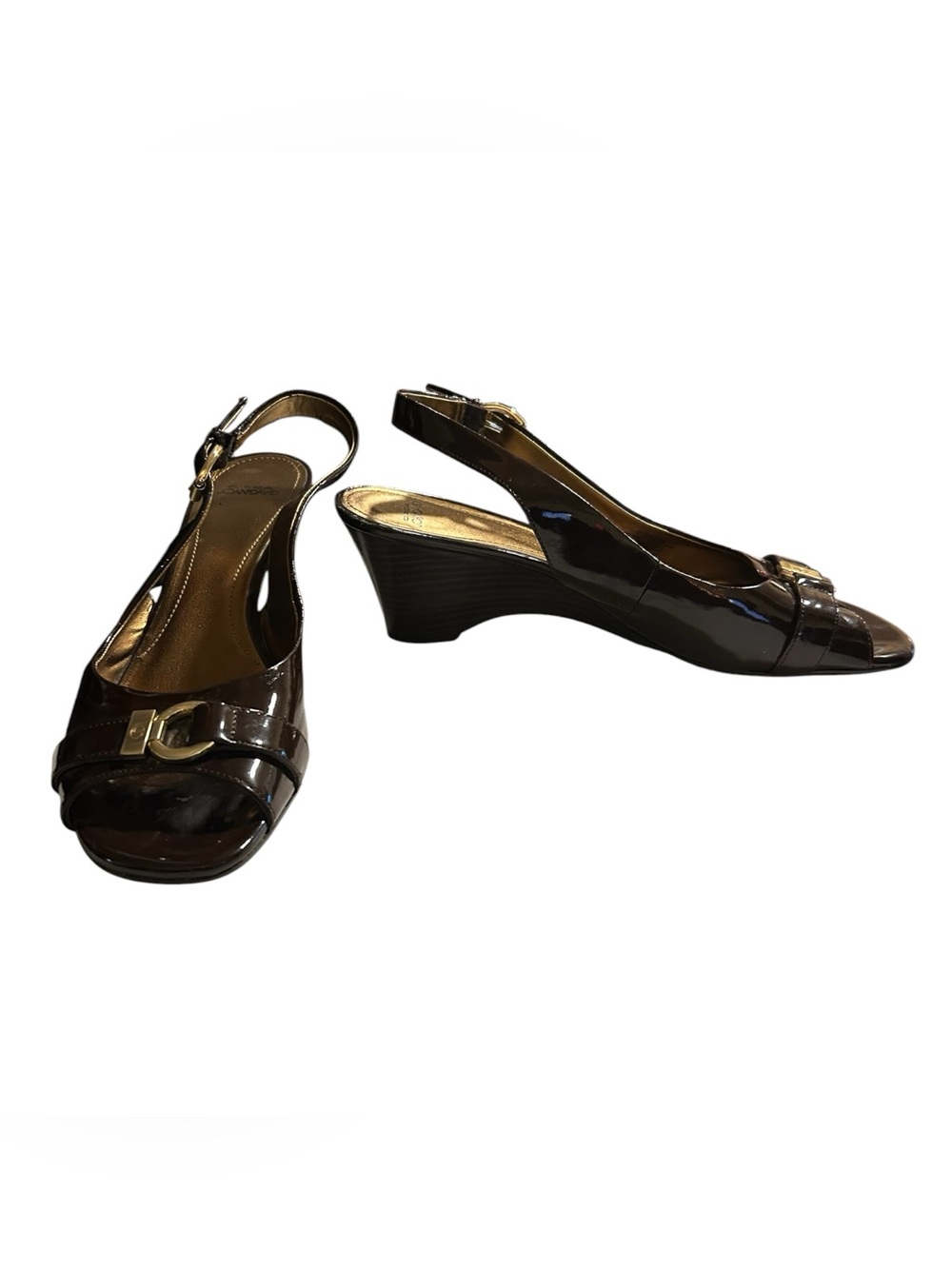 Circa Joan & David Chocolate Brown Patent Leather Peep Toe Slingback Heels 10